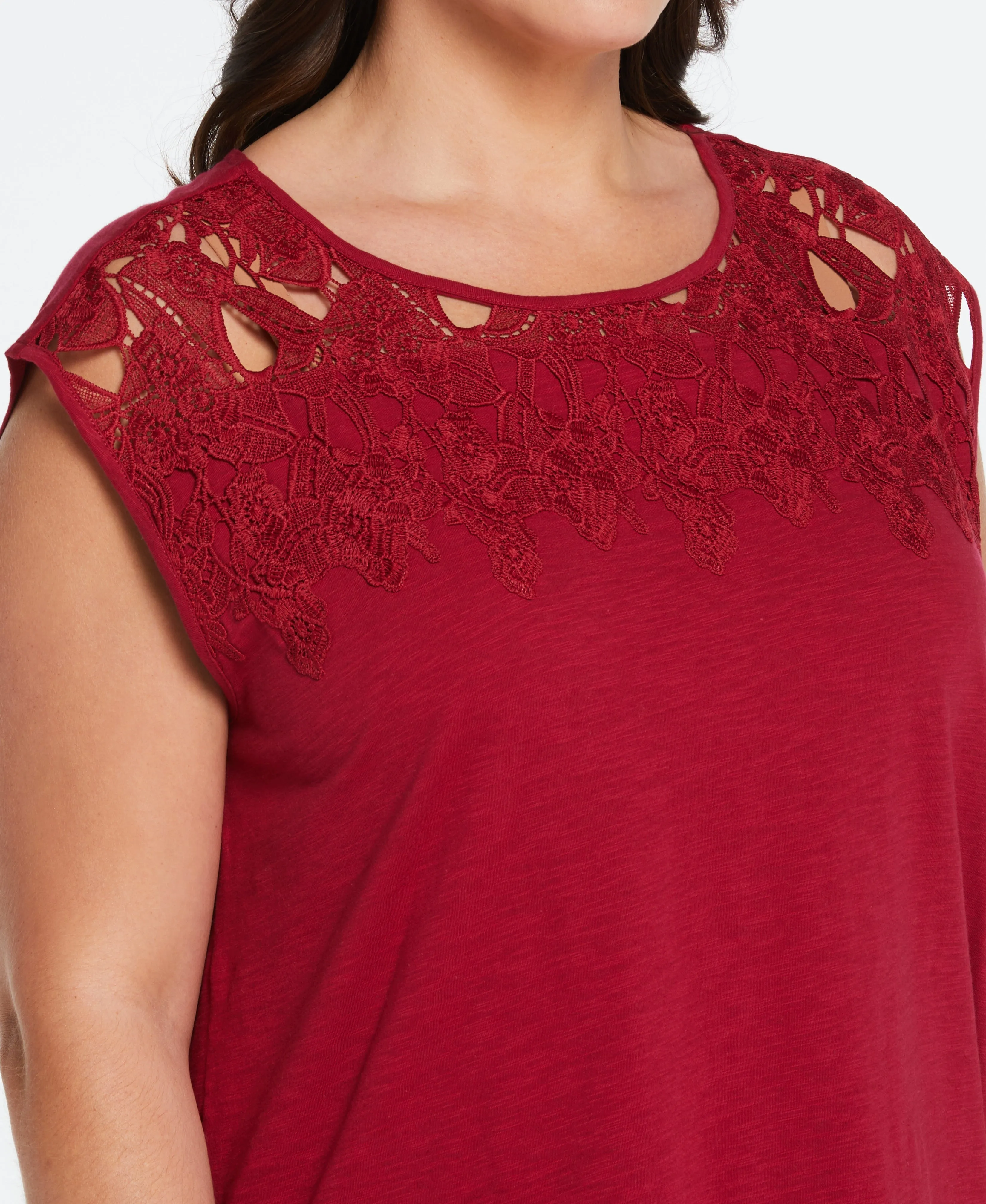 Plus Size 100% Cotton Lace Yoke Top