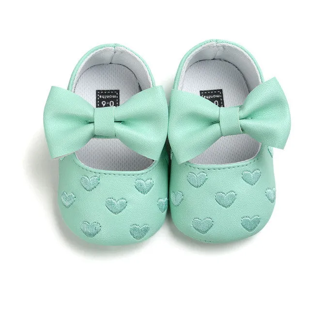 PU Leather Newborn Baby Girls Princess Heart-Shaped Mary Jane Big Bow Prewalkers Soft Bottom Shoes Crib Babe Ballet Dress Shoes