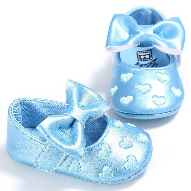 PU Leather Newborn Baby Girls Princess Heart-Shaped Mary Jane Big Bow Prewalkers Soft Bottom Shoes Crib Babe Ballet Dress Shoes