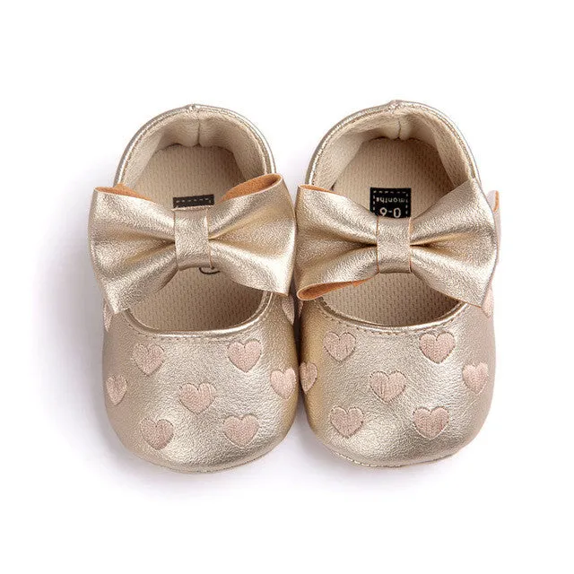 PU Leather Newborn Baby Girls Princess Heart-Shaped Mary Jane Big Bow Prewalkers Soft Bottom Shoes Crib Babe Ballet Dress Shoes