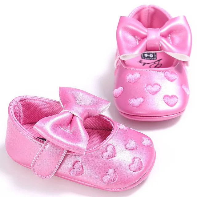 PU Leather Newborn Baby Girls Princess Heart-Shaped Mary Jane Big Bow Prewalkers Soft Bottom Shoes Crib Babe Ballet Dress Shoes