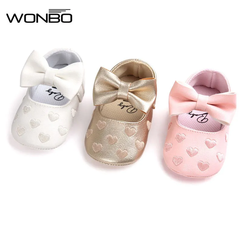 PU Leather Newborn Baby Girls Princess Heart-Shaped Mary Jane Big Bow Prewalkers Soft Bottom Shoes Crib Babe Ballet Dress Shoes