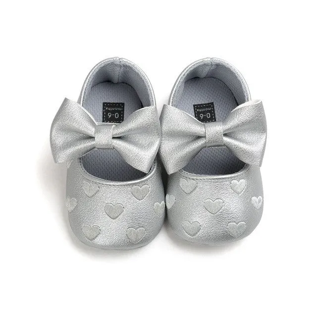 PU Leather Newborn Baby Girls Princess Heart-Shaped Mary Jane Big Bow Prewalkers Soft Bottom Shoes Crib Babe Ballet Dress Shoes