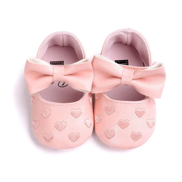 PU Leather Newborn Baby Girls Princess Heart-Shaped Mary Jane Big Bow Prewalkers Soft Bottom Shoes Crib Babe Ballet Dress Shoes