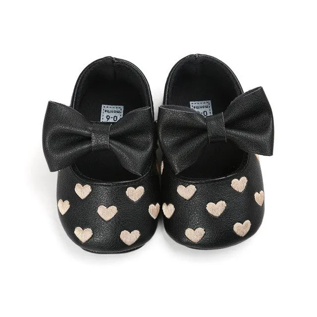 PU Leather Newborn Baby Girls Princess Heart-Shaped Mary Jane Big Bow Prewalkers Soft Bottom Shoes Crib Babe Ballet Dress Shoes