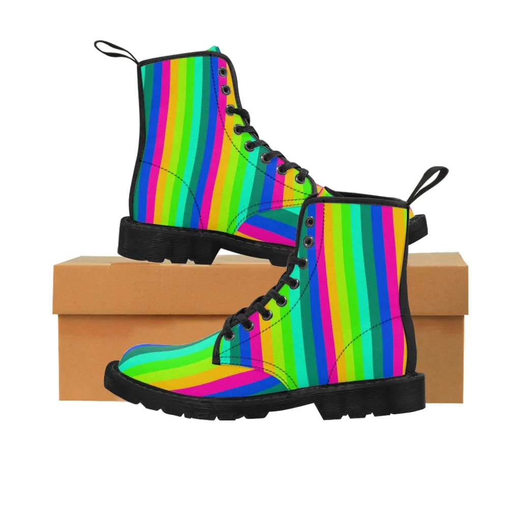 Rainbow Print Men Hiker Boots, Rainbow Stripes Designer Men's Canvas Boots (US Size: 7-10.5)