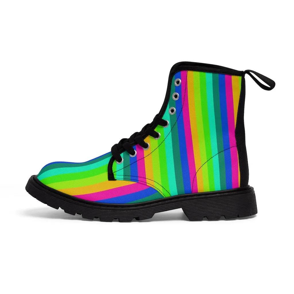 Rainbow Print Men Hiker Boots, Rainbow Stripes Designer Men's Canvas Boots (US Size: 7-10.5)