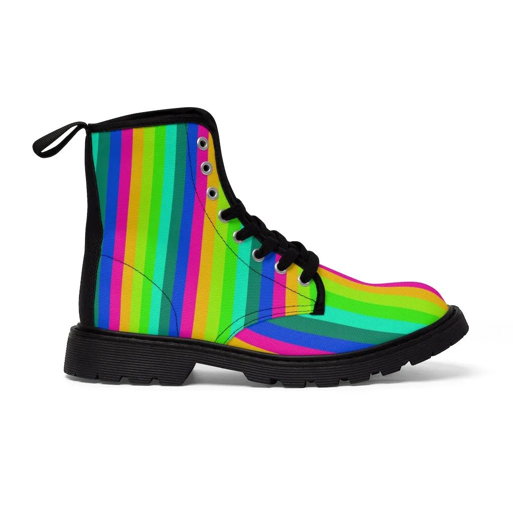 Rainbow Print Men Hiker Boots, Rainbow Stripes Designer Men's Canvas Boots (US Size: 7-10.5)