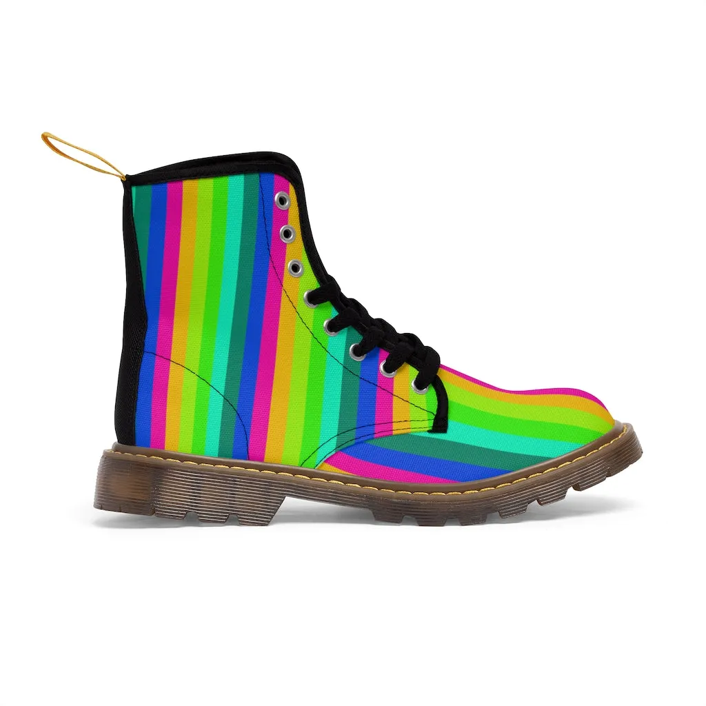 Rainbow Print Men Hiker Boots, Rainbow Stripes Designer Men's Canvas Boots (US Size: 7-10.5)