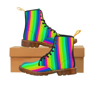 Rainbow Print Men Hiker Boots, Rainbow Stripes Designer Men's Canvas Boots (US Size: 7-10.5)