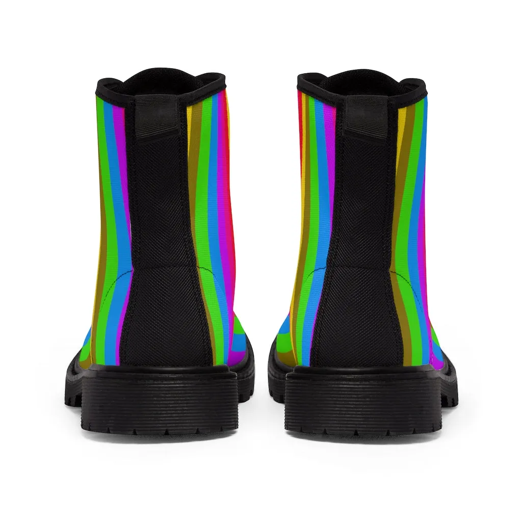 Rainbow Striped Men's Canvas Boots, Best Gay Pride Stripes Colorful Winter Boots For Men