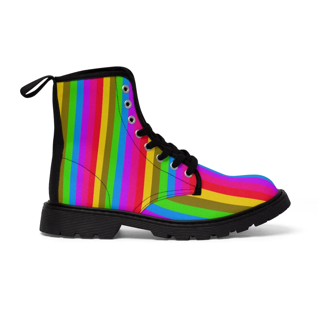 Rainbow Striped Men's Canvas Boots, Best Gay Pride Stripes Colorful Winter Boots For Men