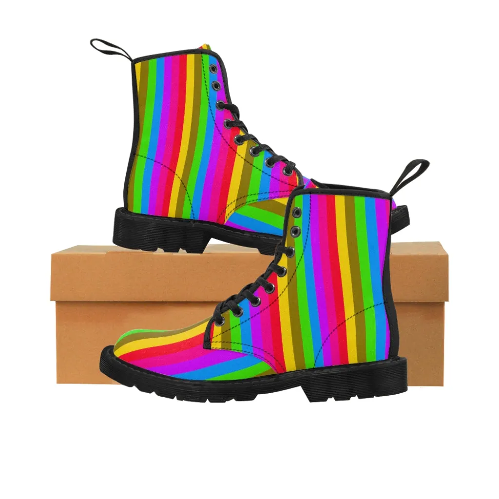 Rainbow Striped Men's Canvas Boots, Best Gay Pride Stripes Colorful Winter Boots For Men