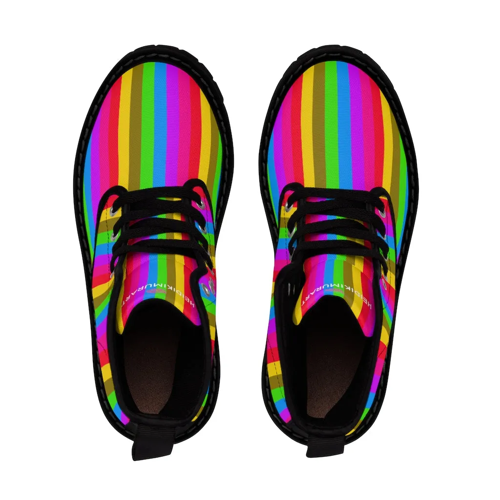 Rainbow Striped Men's Canvas Boots, Best Gay Pride Stripes Colorful Winter Boots For Men