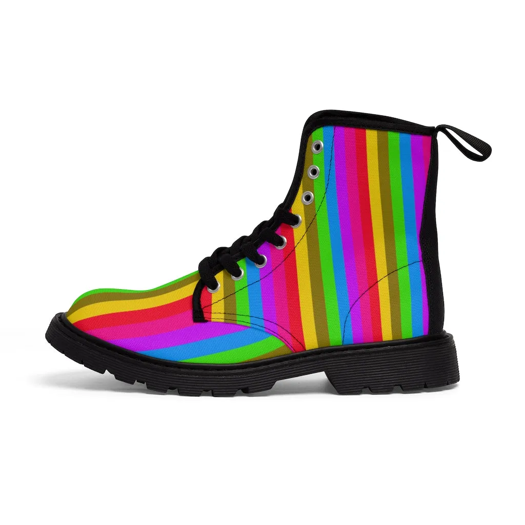 Rainbow Striped Men's Canvas Boots, Best Gay Pride Stripes Colorful Winter Boots For Men