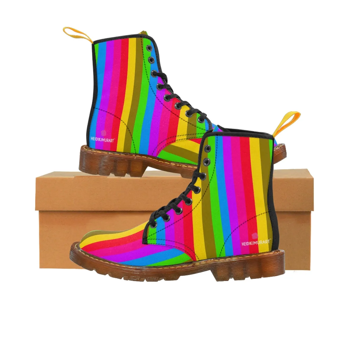 Rainbow Striped Print Women's Boots, Best Gay Pride Stripes Winter Laced Up Designer Boots For Women