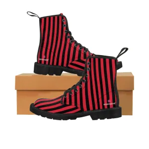 Red Black Striped Women's Boots, Best Vertical Stripes Winter Laced Up Designer Boots For Women