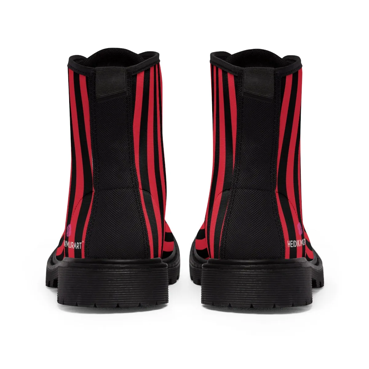 Red Black Striped Women's Boots, Best Vertical Stripes Winter Laced Up Designer Boots For Women