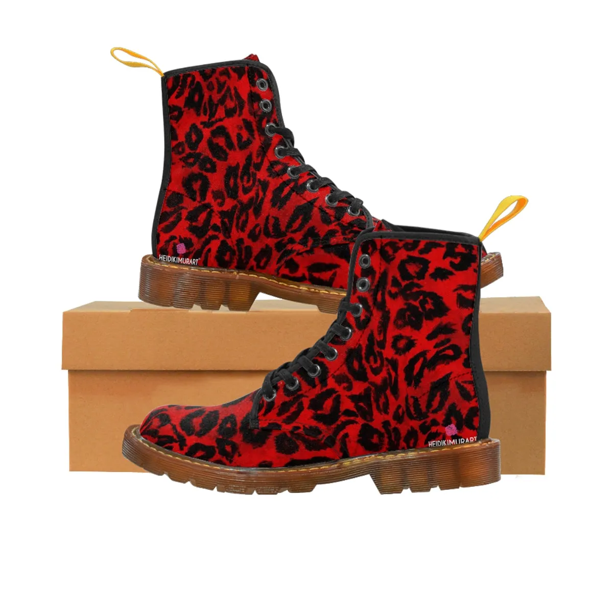 Red Leopard Print Women's Boots, Best Winter Laced Up Animal Print Designer Boots For Women