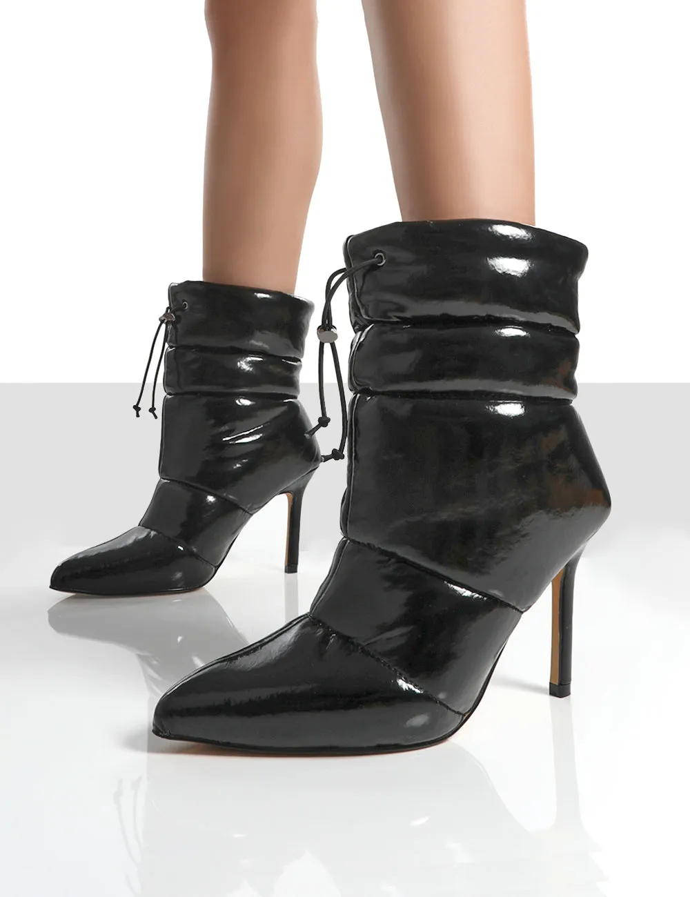 Reset Black Patent Puffer Drawstring Stiletto Heeled Boots