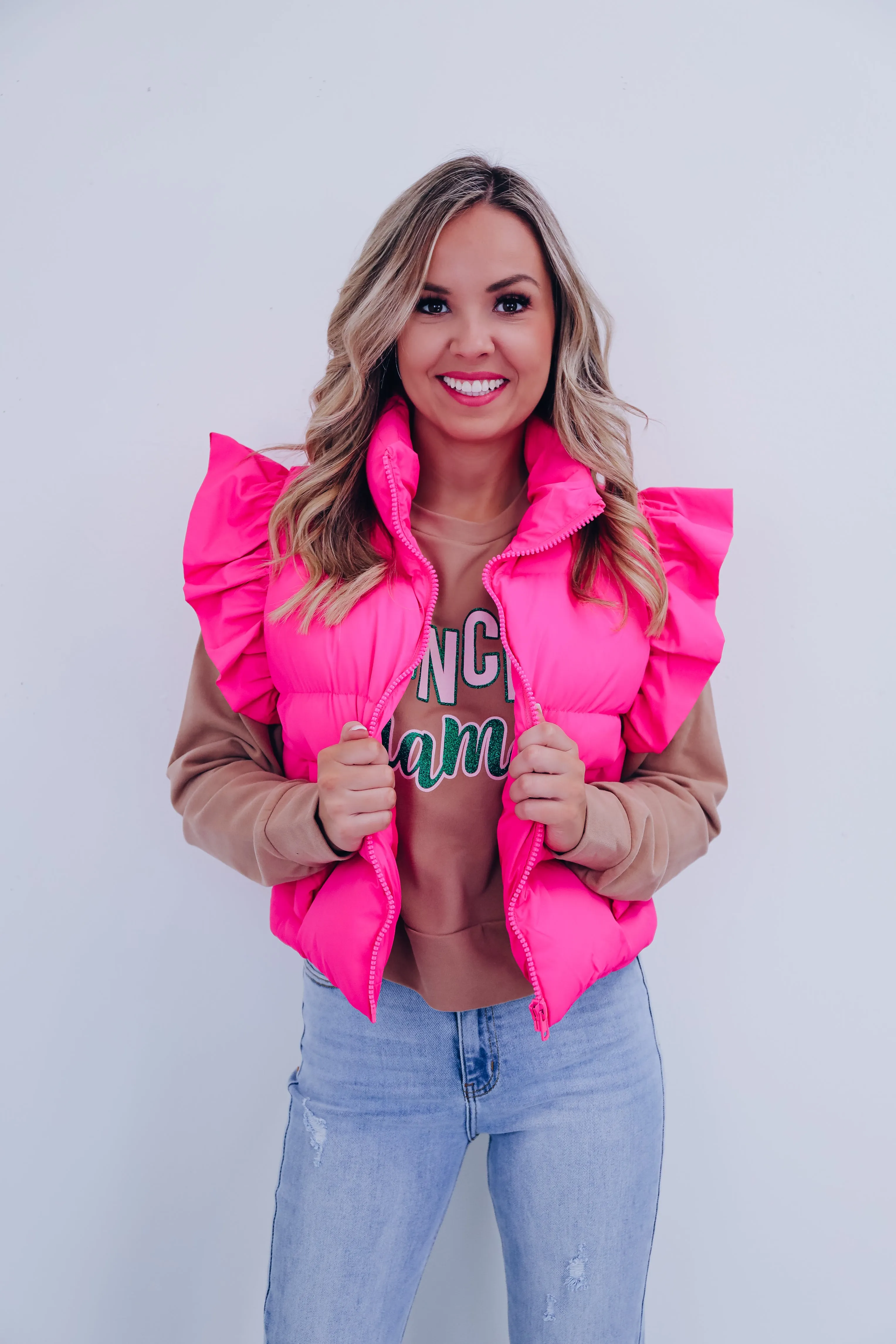 Rio Ruffle Sleeve Puffer Vest - Hot Pink