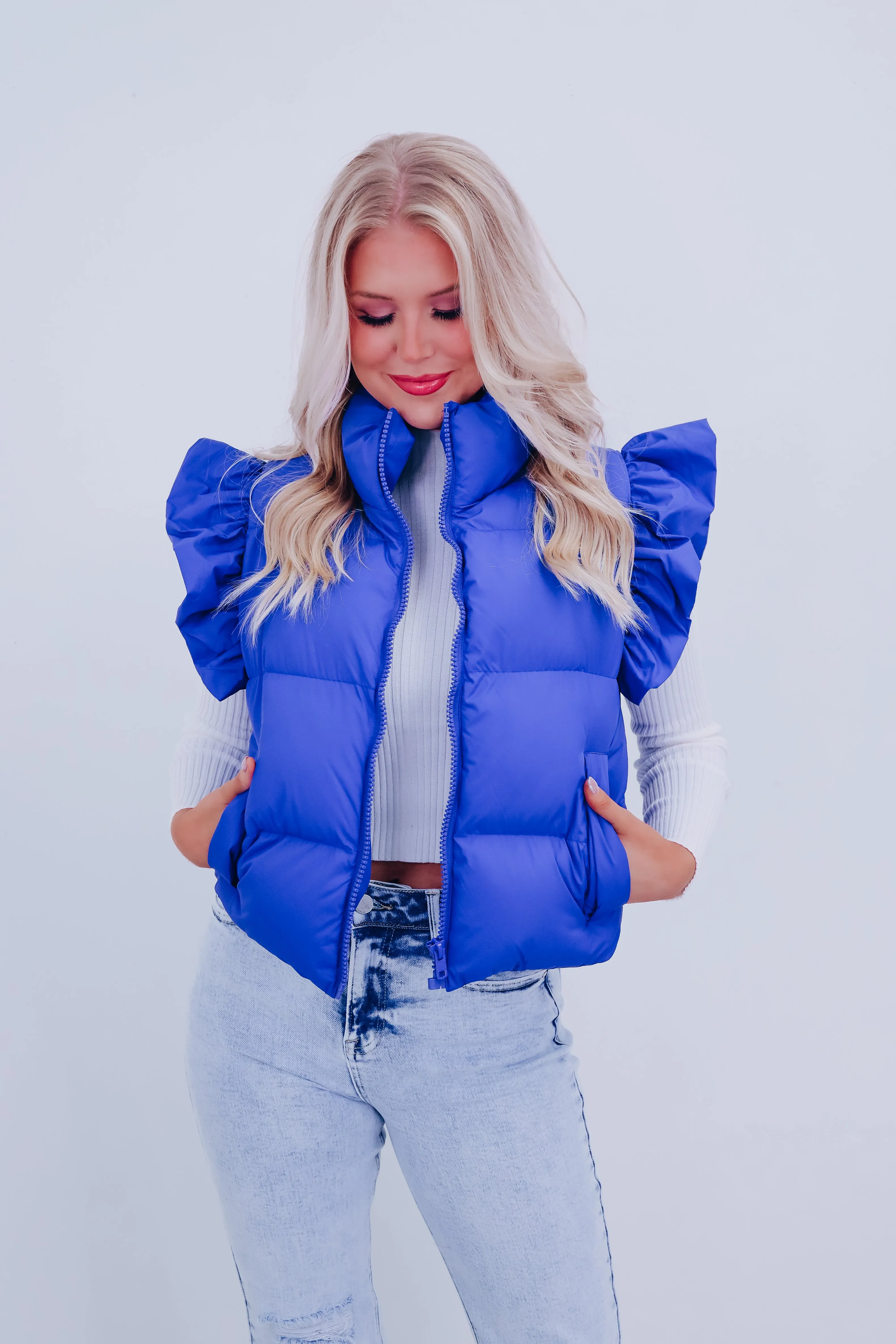 Rio Ruffle Sleeve Puffer Vest - Royal Blue