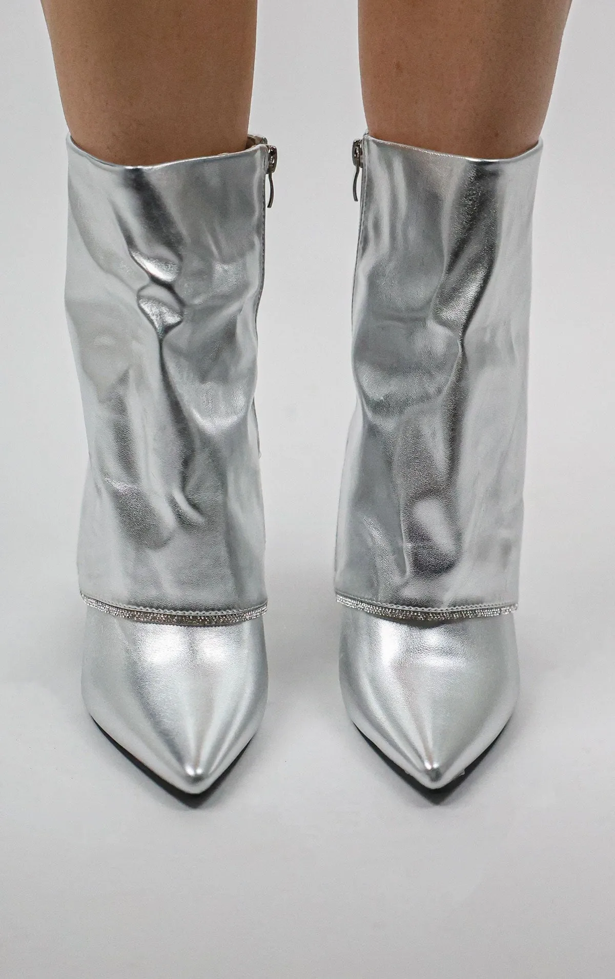 Silver Block Heel Fold Over Diamante Trim Ankle Shark Boots