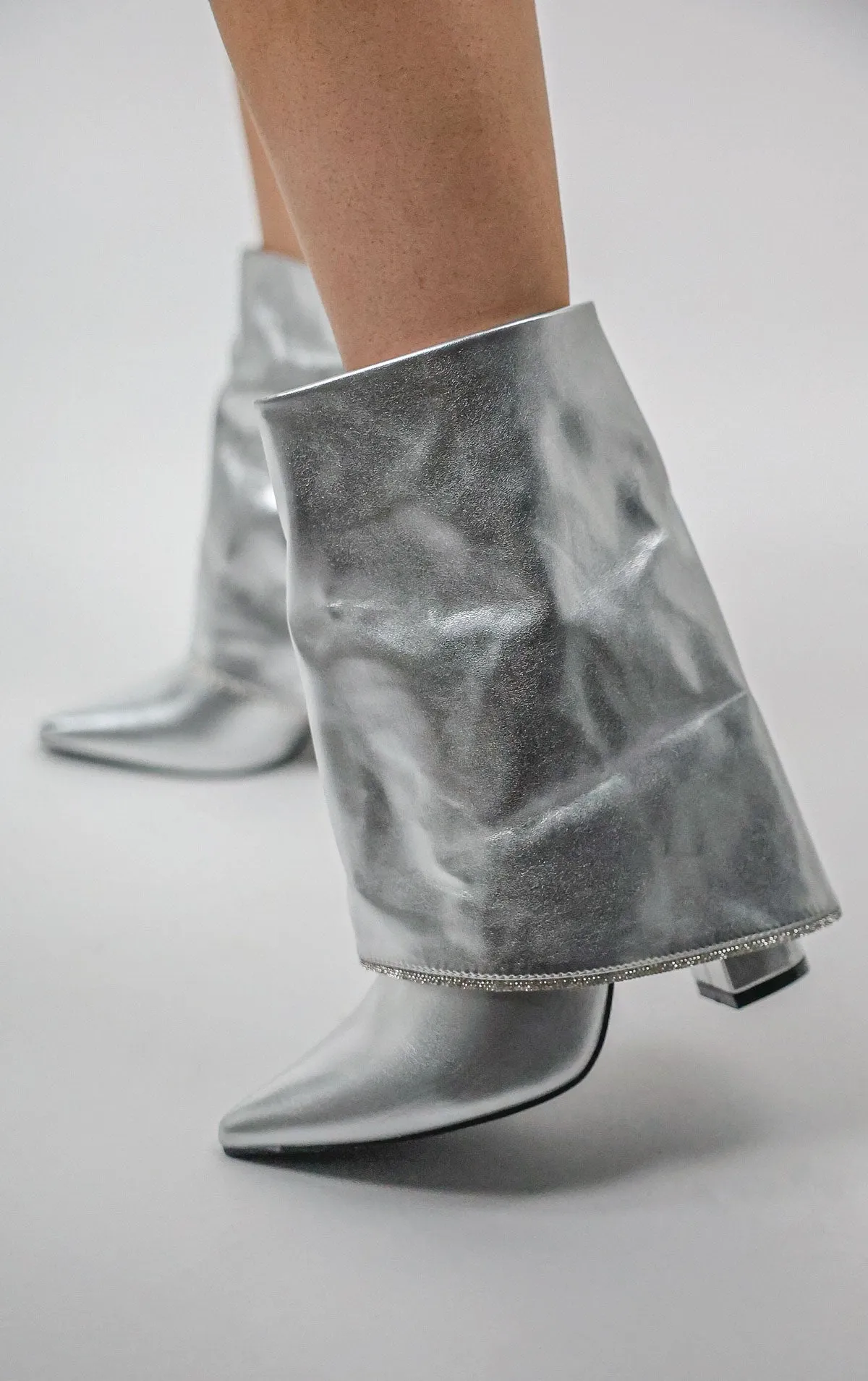 Silver Block Heel Fold Over Diamante Trim Ankle Shark Boots