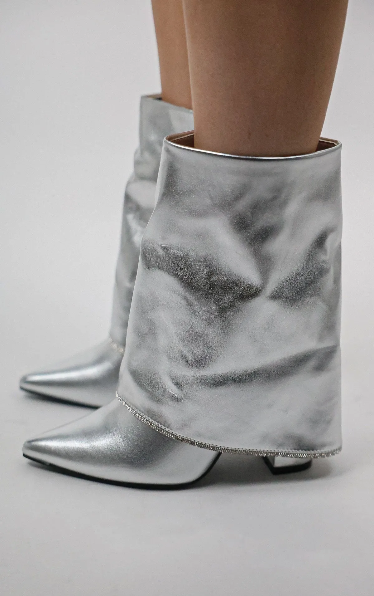 Silver Block Heel Fold Over Diamante Trim Ankle Shark Boots