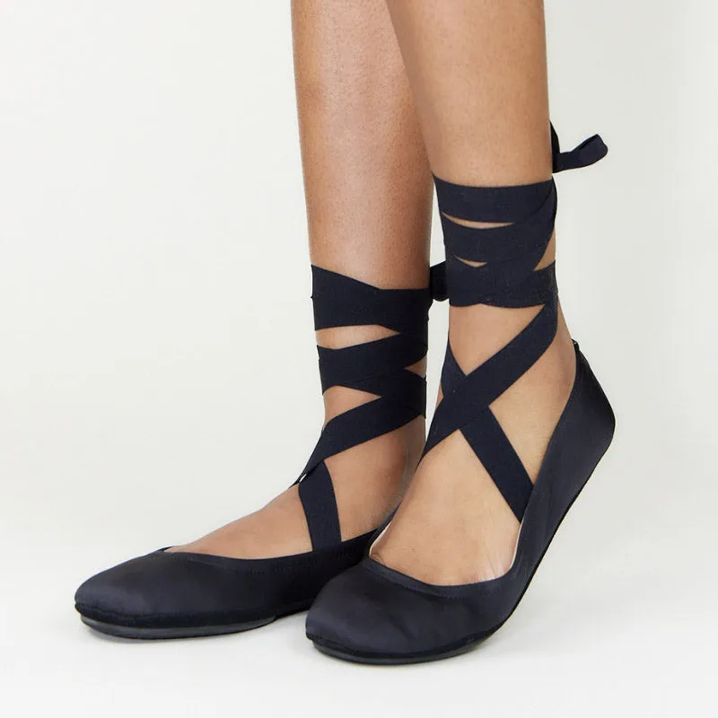 Simone Ankle Wrap Flats in Black Satin