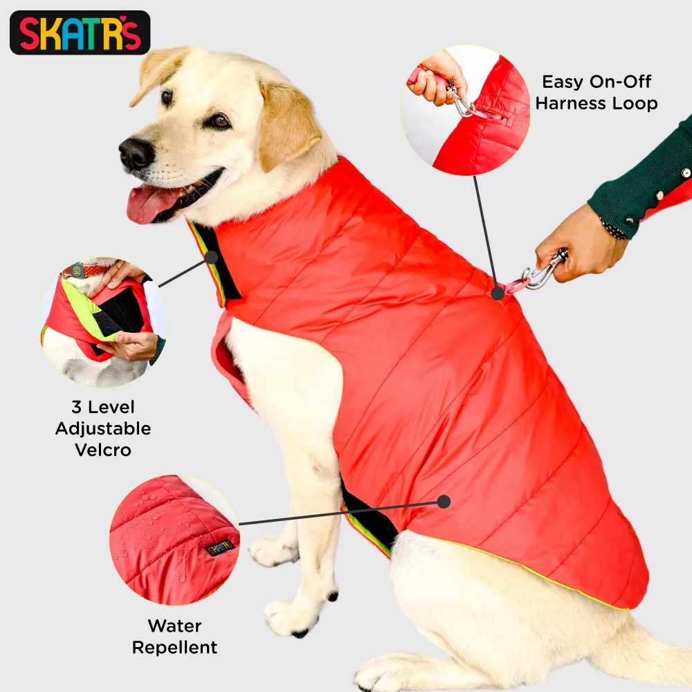 Skatrs Coral Red Puffer Reversible Jacket for Dogs and Cats | With Adjustable Baby Velcro