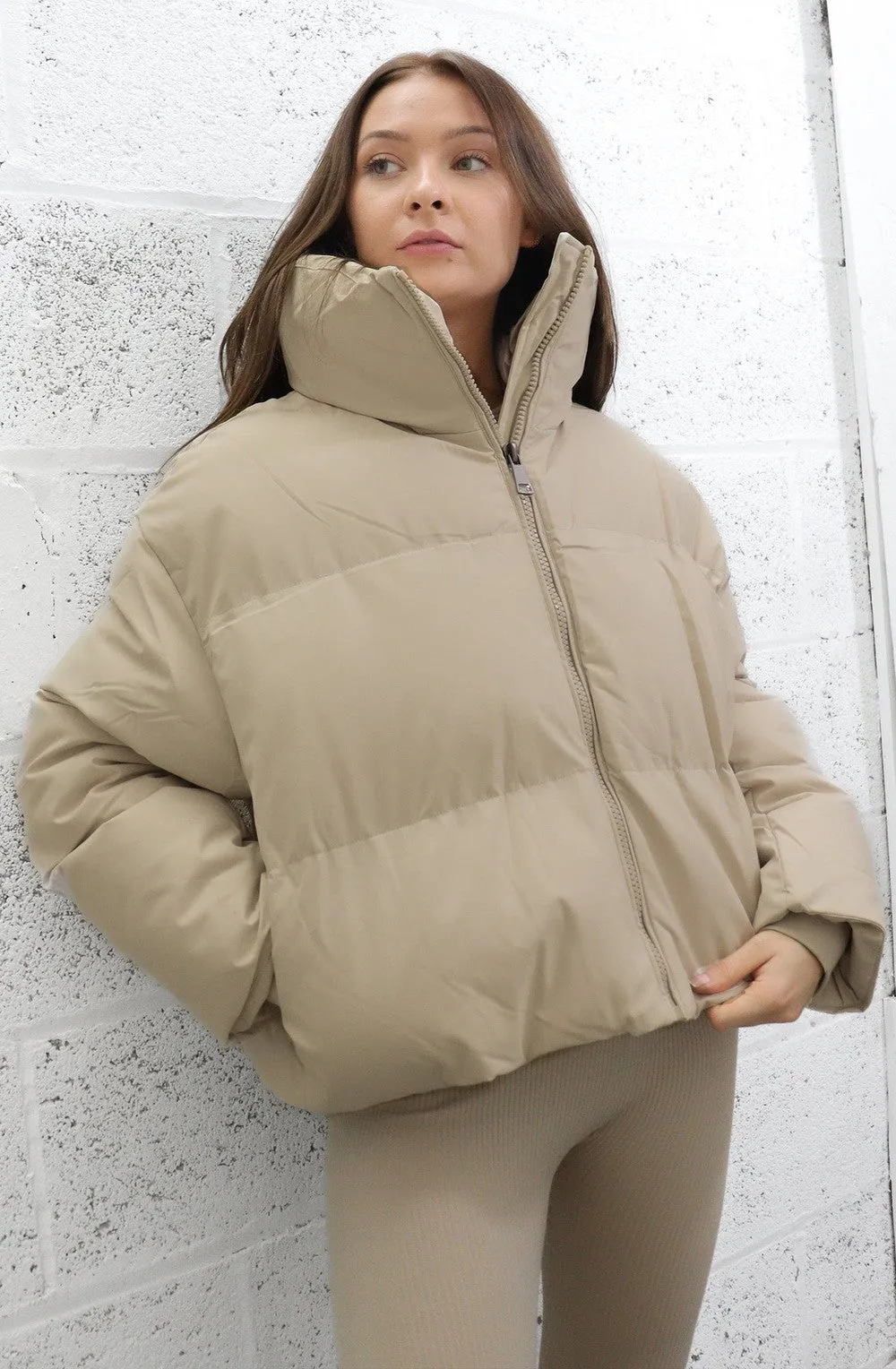 Sophie Short Puffer High Collar Beige Boxy Jacket