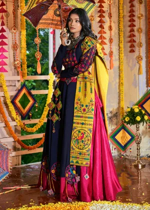 Stunning Pink & Navy Blue Silk Navratri Chaniya Choli