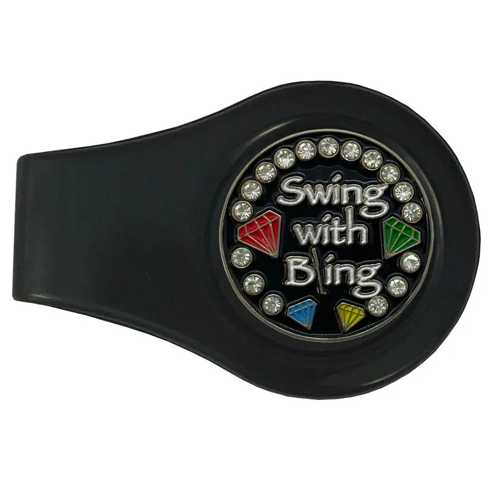 Swing With Bling (Black) Golf Ball Marker With Colored Clip