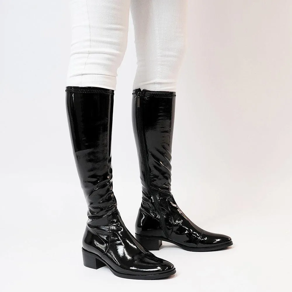 Timothie Black Stretch Patent Knee High Boots