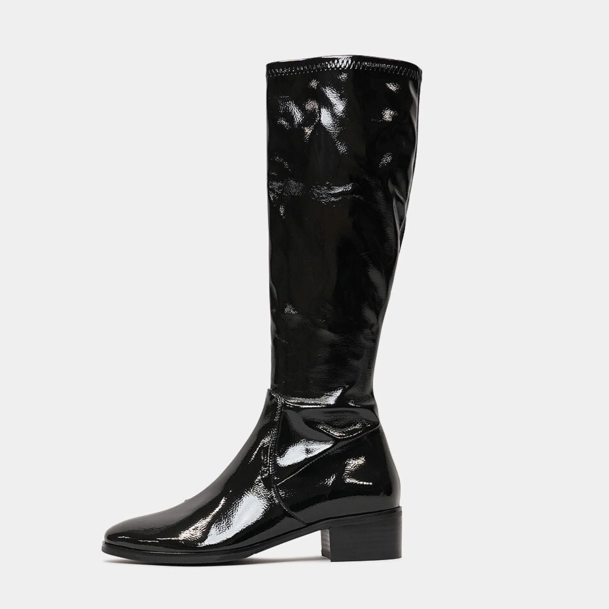 Timothie Black Stretch Patent Knee High Boots