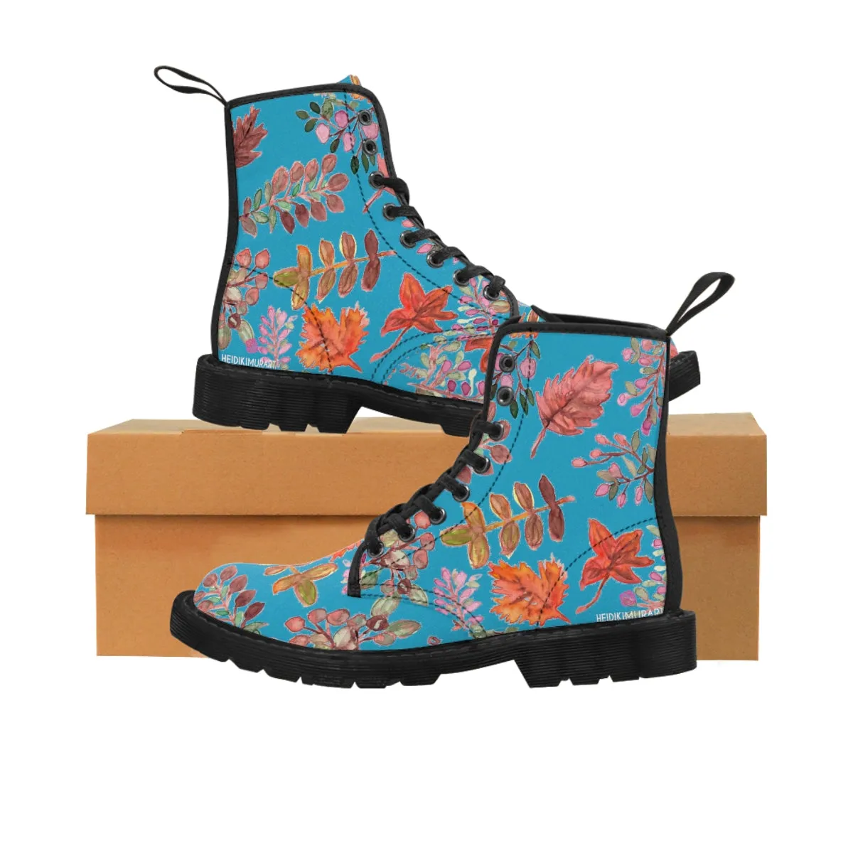 Turquoise Fall Women's Boots, Fall Leaves Print Women's Boots, Best Winter Boots For Women