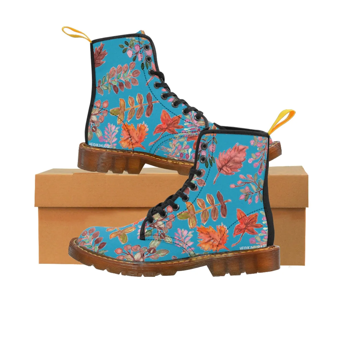 Turquoise Fall Women's Boots, Fall Leaves Print Women's Boots, Best Winter Boots For Women