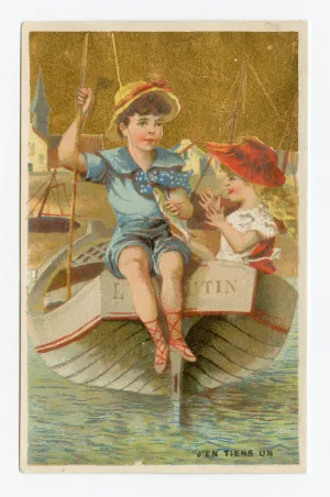 Victorian French Trade Card Advertising Haberdashery, Shoes || Children on Boat