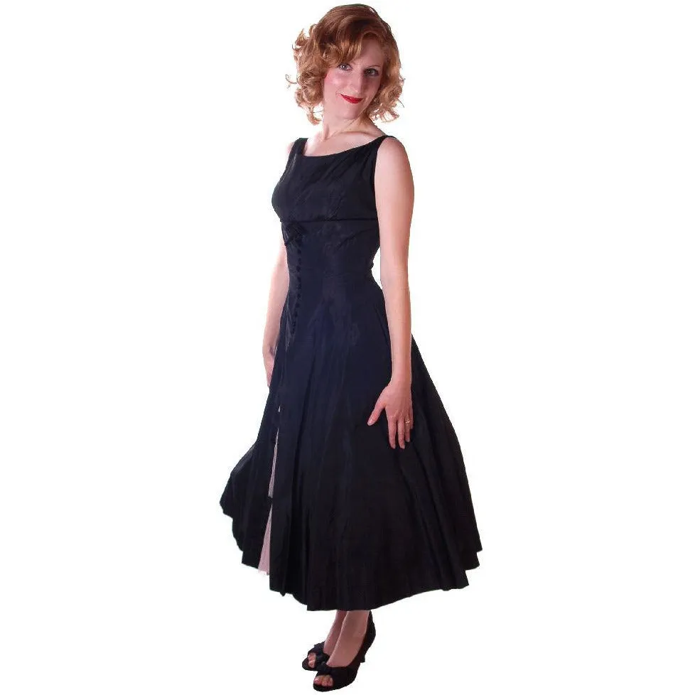 Vintage Black Dress Taffeta W/Pink Tulle Peekaboo Petticoat 1950S  32-24-Free