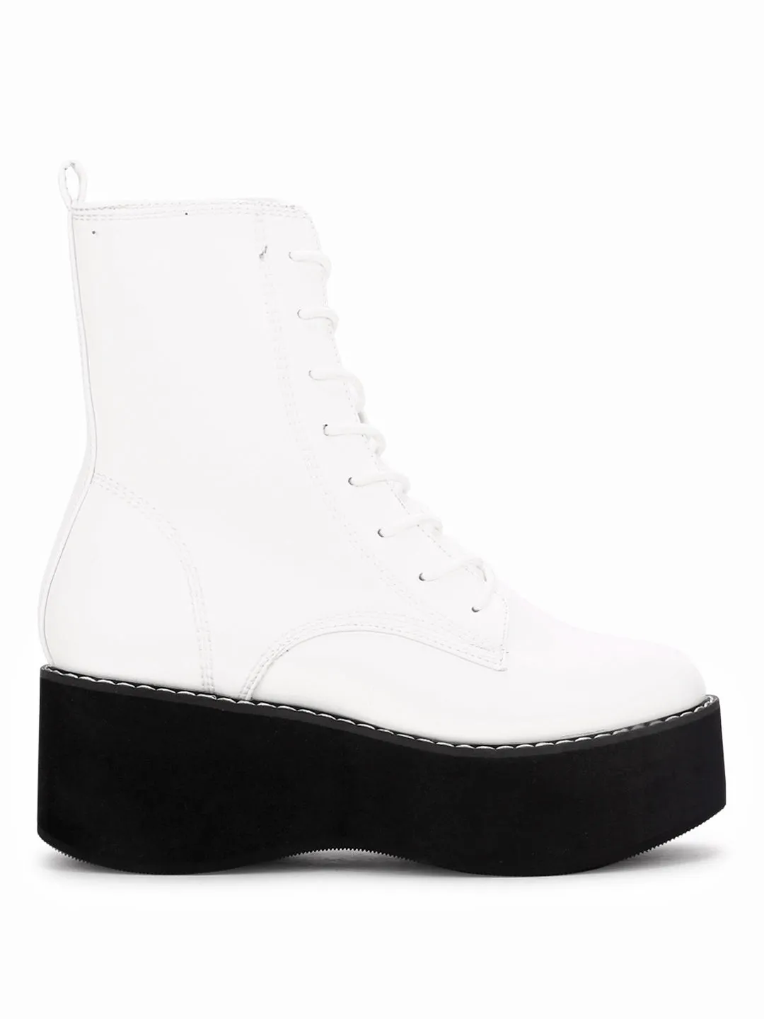 White PU Lace-up Ankle Boots