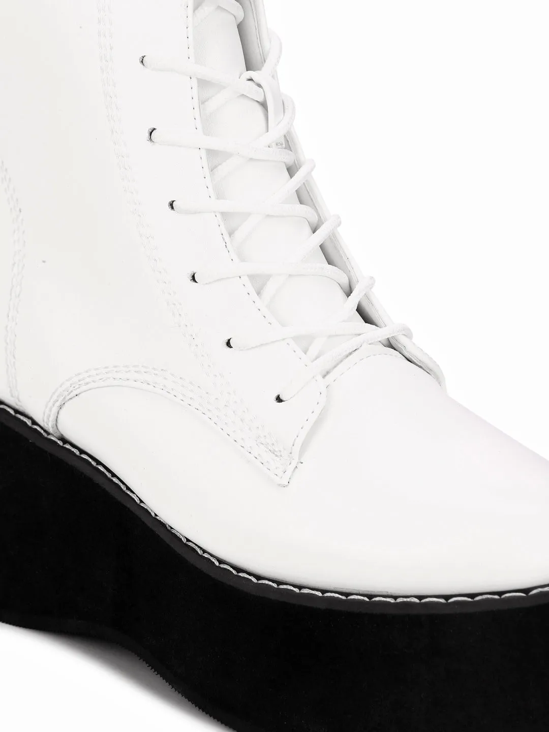 White PU Lace-up Ankle Boots