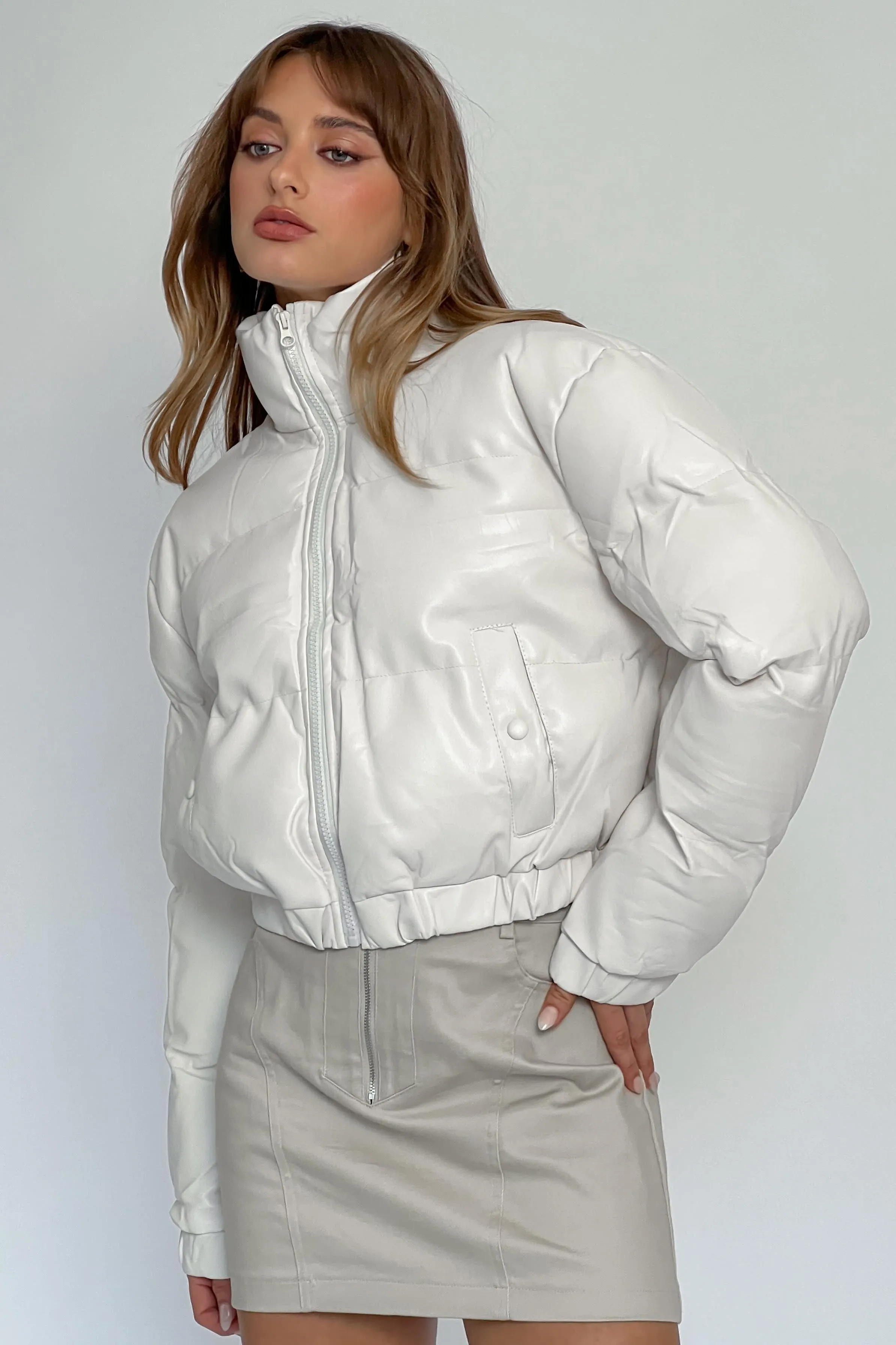 Winter Magic Faux Leather Puffer Jacket Cream