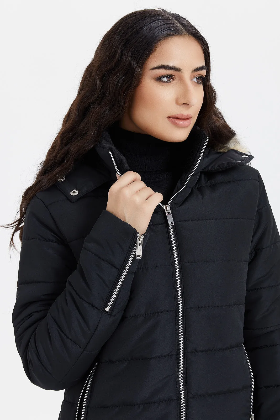 Women Black Hooded Puffer Coat