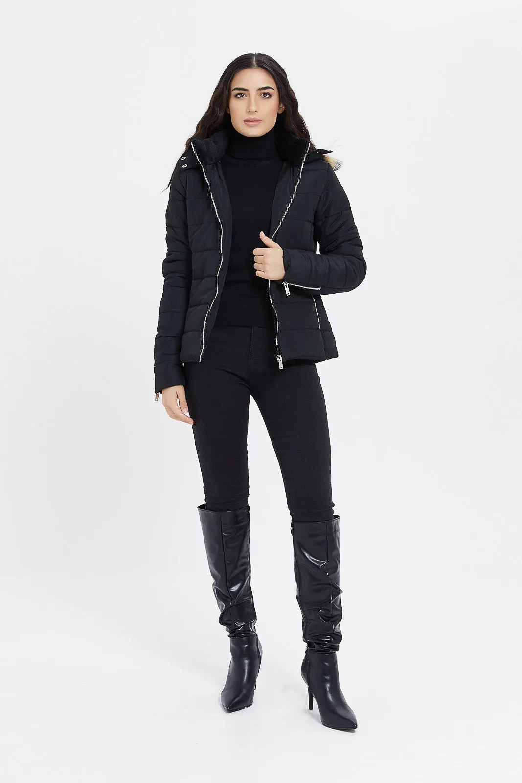 Women Black Hooded Puffer Coat