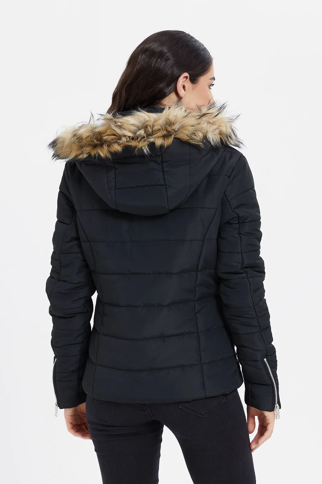 Women Black Hooded Puffer Coat