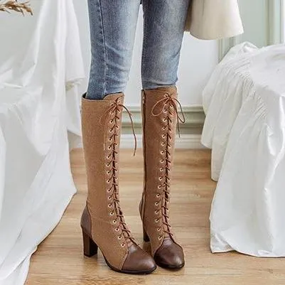 Women chunky high heel side zipper lace up knee high boots