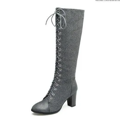 Women chunky high heel side zipper lace up knee high boots