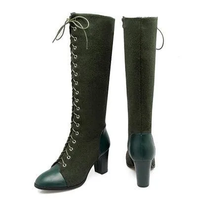 Women chunky high heel side zipper lace up knee high boots