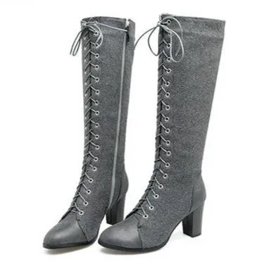 Women chunky high heel side zipper lace up knee high boots